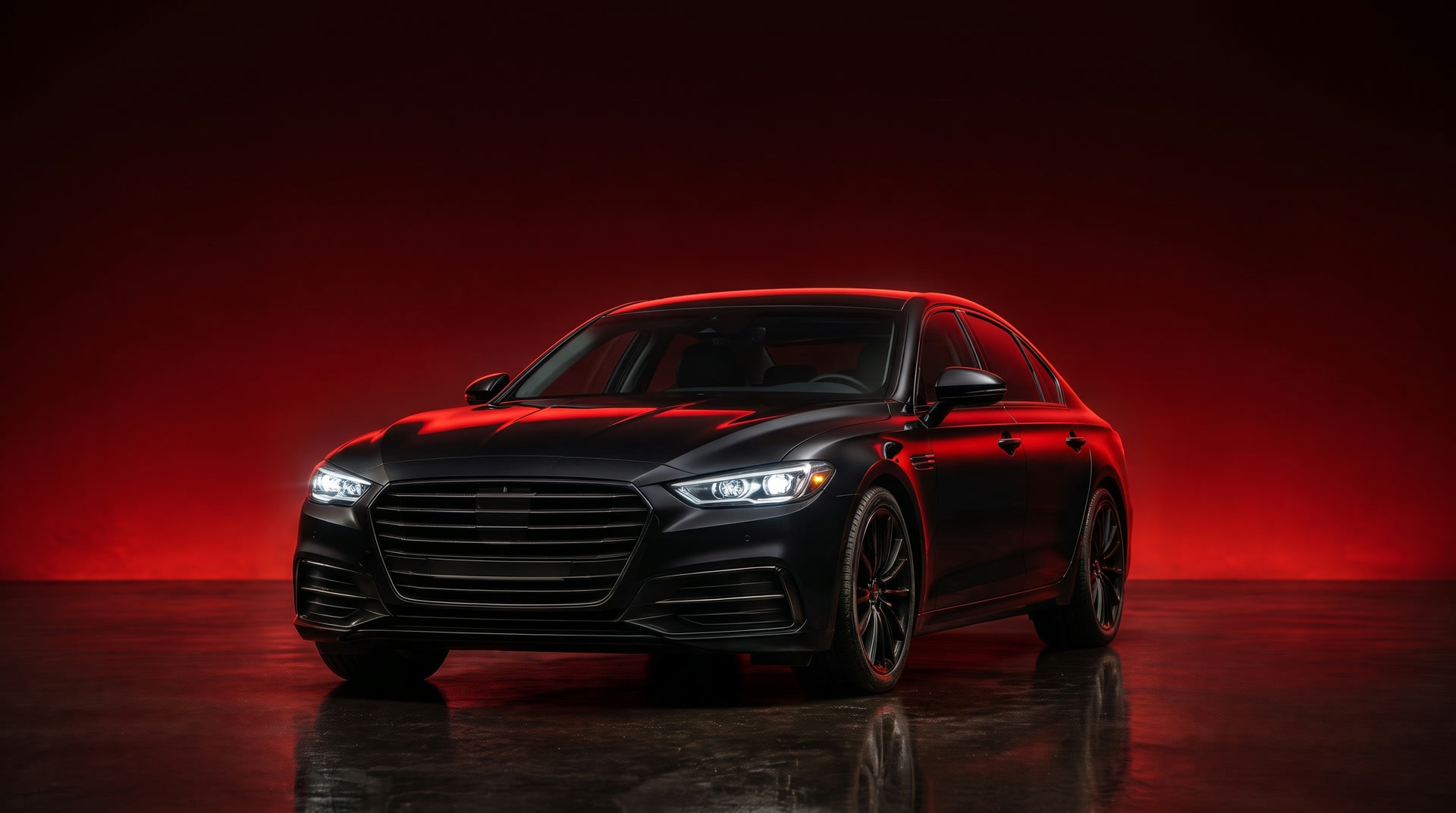 A fully detailed black sedan on a red backdrop