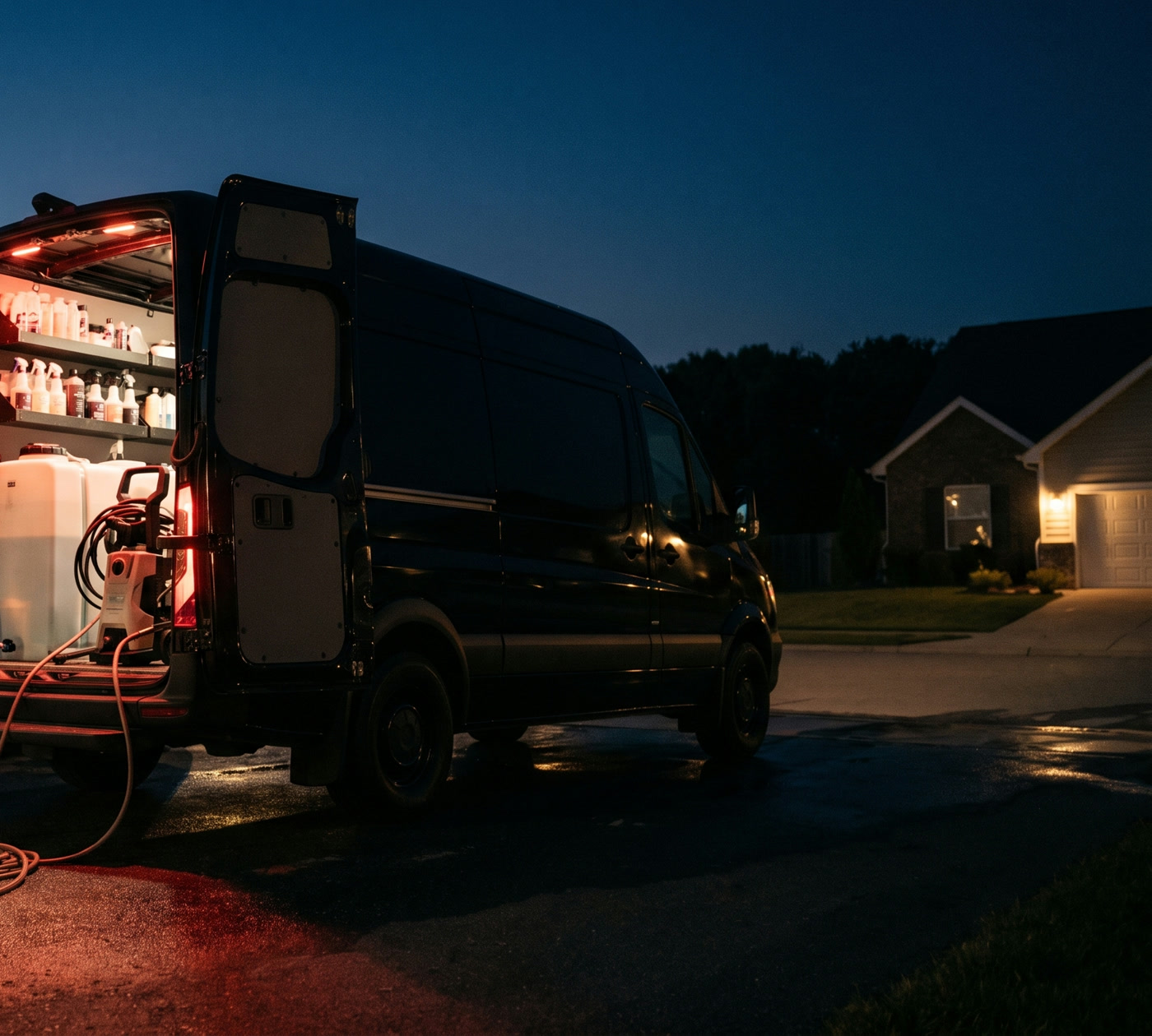 A detailing van with its doors open in a driveway at dusk