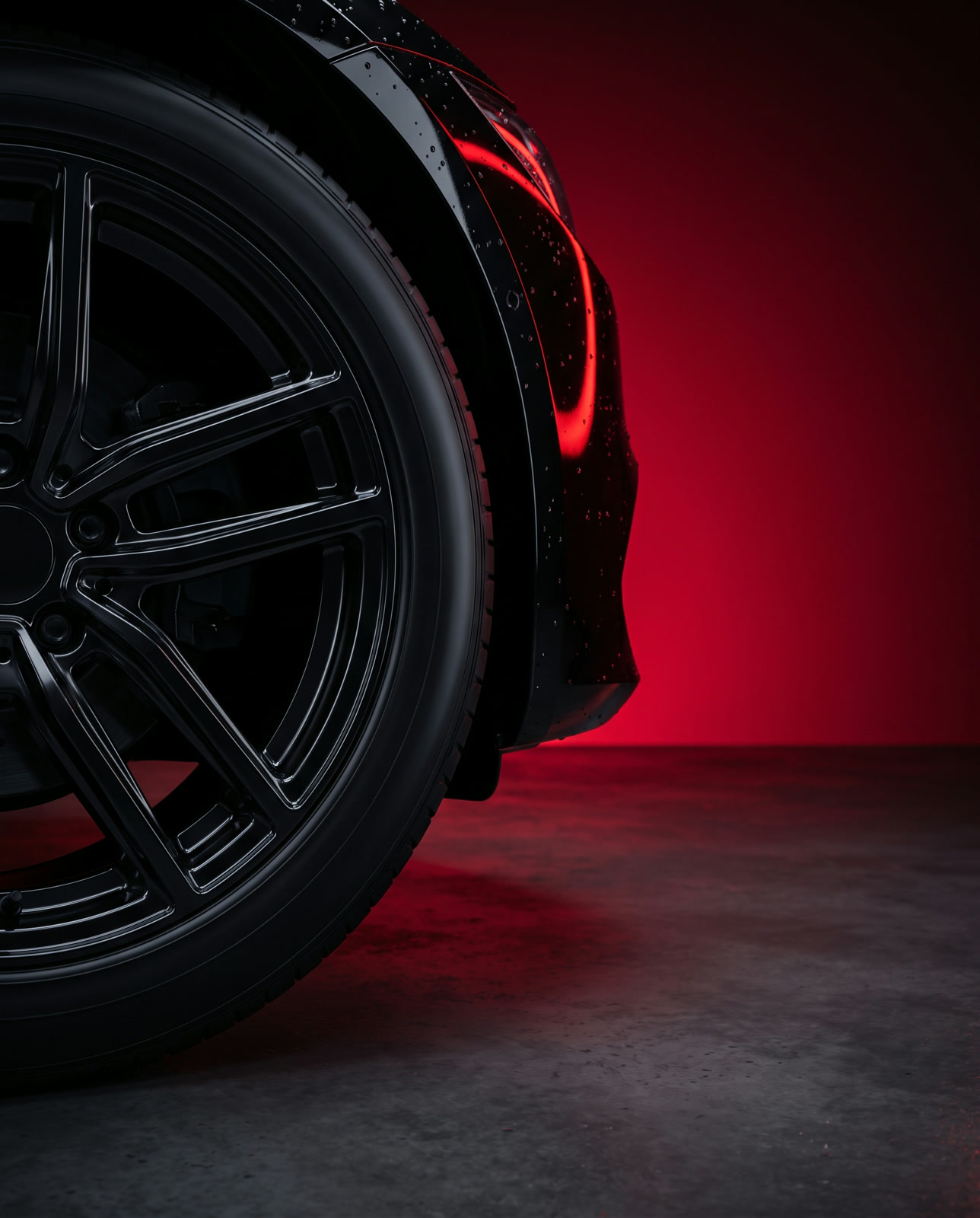 Glossy black fender and dressed wheel after a detail